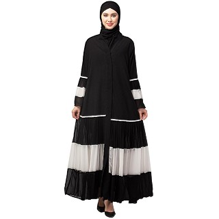 Contrast  pleated Front open abaya-Black- White